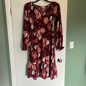 LOFT FLORAL MIDI WAIST DEFINED LONG SLEEVE DRESS WITH SLEEVE DETAIL